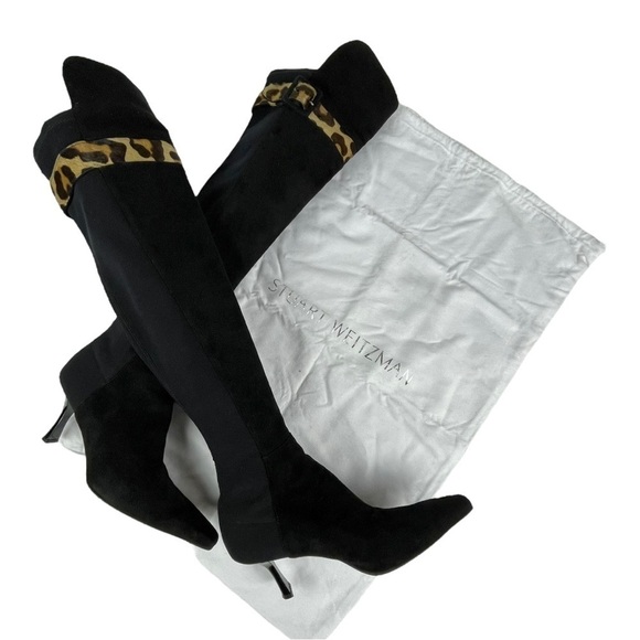 STUART WEITZMAN BLACK SUEDE KNEE HIGH STILETTO LEOPARD BOOTS VINTAGE Y2K 90s - Picture 2 of 12